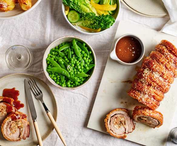Roast porchetta with fig macadamia stuffing