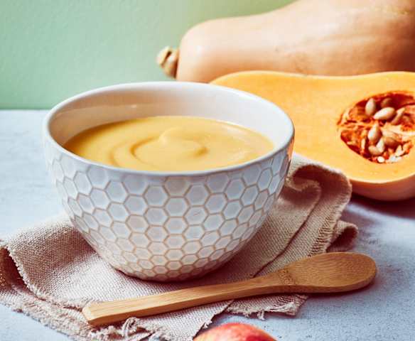 Kürbis-Kartoffel-Brei mit Apfel und Hähnchen