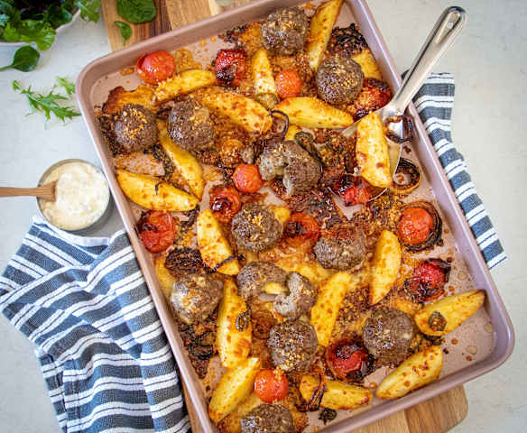 Cheeseburger Meatball and potato wedge traybake Cheeseburger Meatball and potato wedge traybake