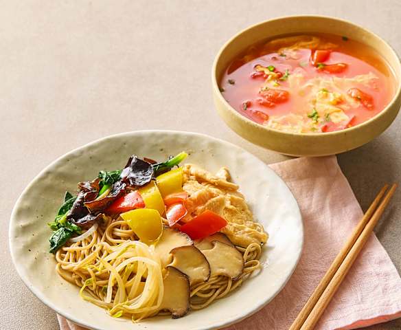 晚餐（鸡肉荞麦凉面、番茄鸡蛋汤）