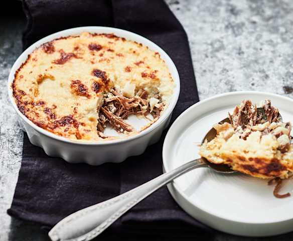 Gratin de céleri aux poires et au canard
