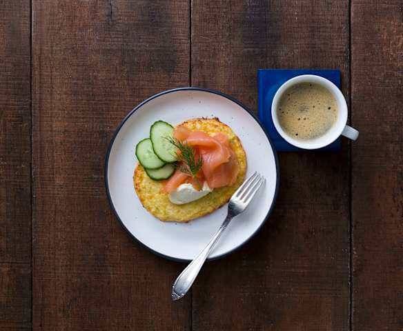Cauliflower hash browns with smoked salmon and sour cream