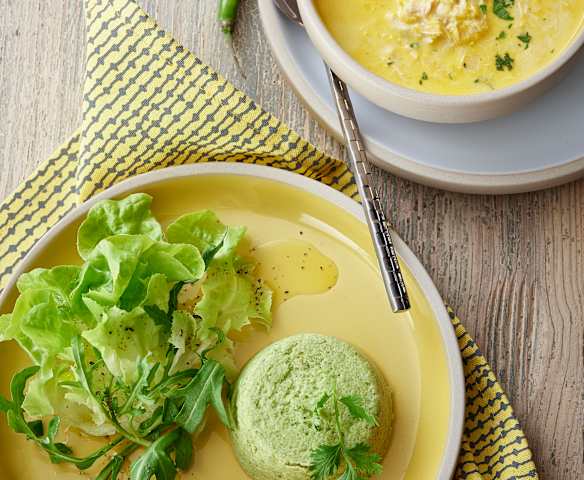 Chicken corn chowder, Broccoli terrines Chicken corn chowder, Broccoli terrines