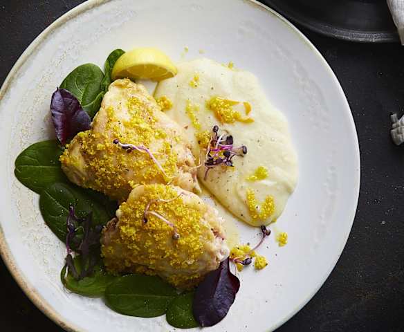 Pollo con gremolada di agrumi e purè di patate e topinambur (Bimy Friend) Pollo con gremolada di agrumi e purè di patate e topinambur (Bimy Friend)