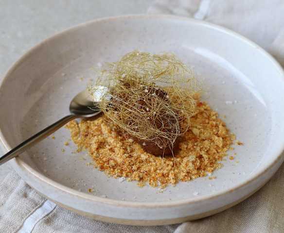 Whole banana ice cream with bread praline and corn spun toffee (Kane Pollard) Whole banana ice cream with bread praline and corn spun toffee (Kane Pollard)