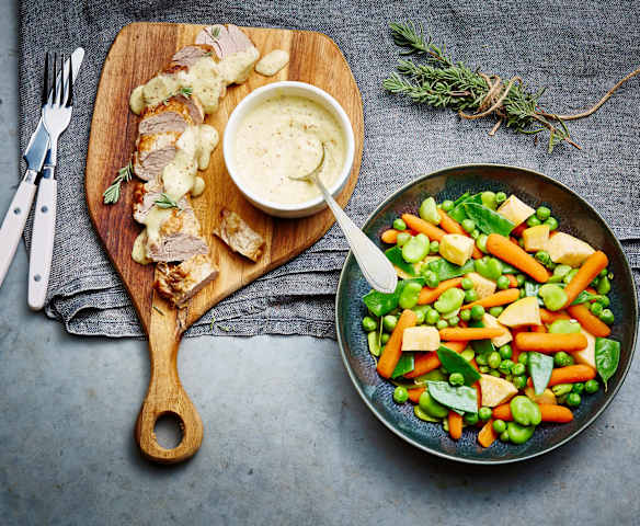 Veau à la moutarde et ses petits légumes de printemps