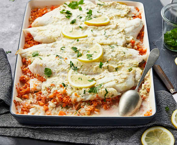 Dos de cabillaud sur lit de carotte et fenouil, sauce crème moutarde Dos de cabillaud sur lit de carotte et fenouil, sauce crème moutarde
