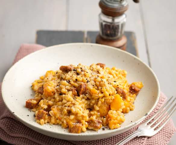 Pumpkin Pearl Barley Risotto with Chorizo