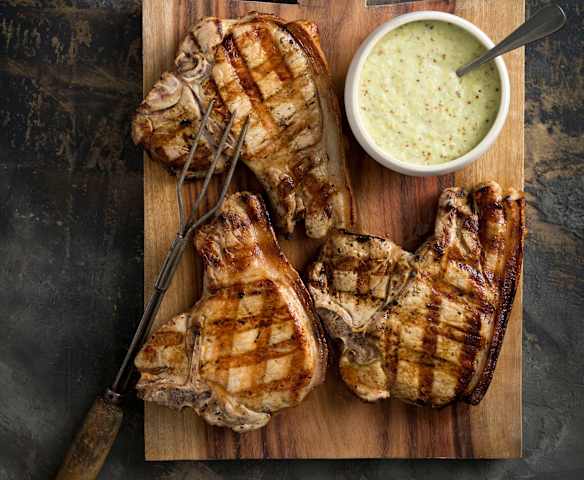 Cider-brined pork chops with apple dressing
