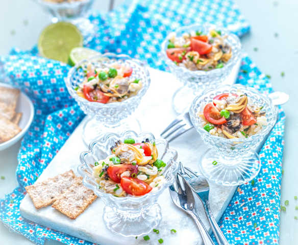 Verrine de coques, blé et petits pois
