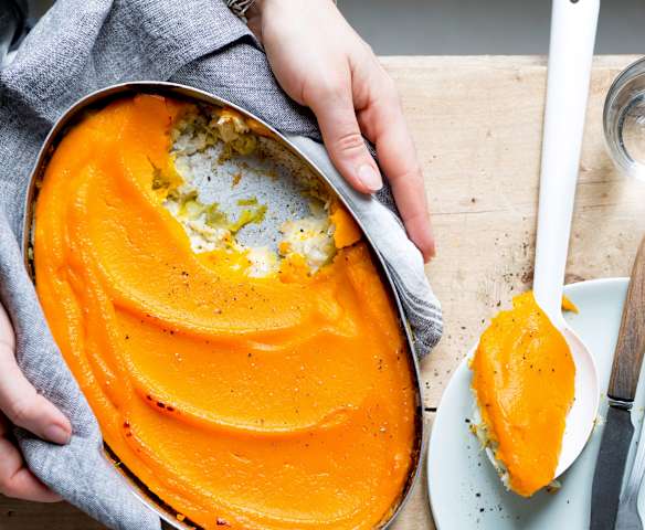 Parmentier merlan, poireau et courge