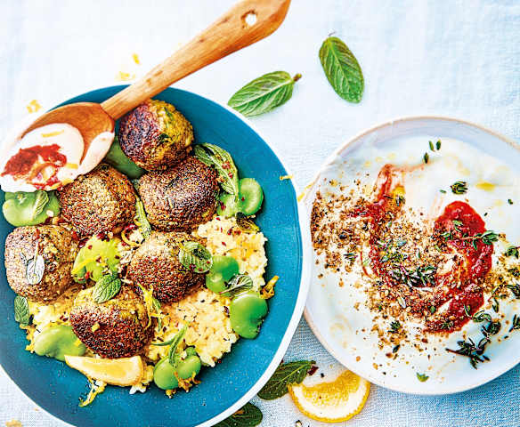 Falafels, boulgour aux fèves et yaourt au tahini