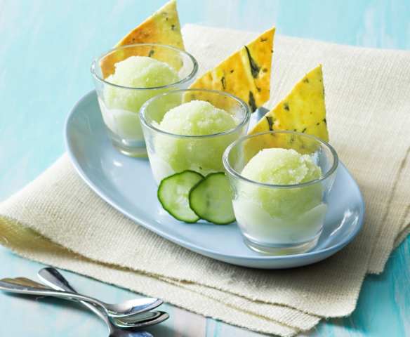 Sorbetto al Gin tonic e cetriolo con tuile alla menta