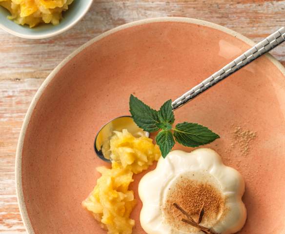 Cinnamon Panna Cotta with Apple, Apricot and Ginger Compote
