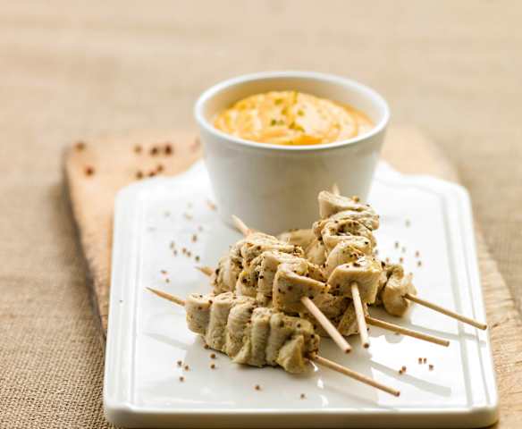 Espetadas de frango com puré de abóbora e batata-doce