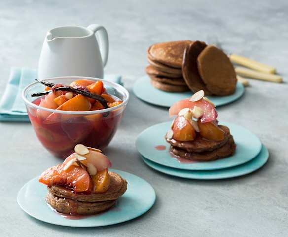 Nutty pancakes with stone fruit compote Nutty pancakes with stone fruit compote