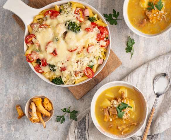 Krupnik z kurkami; Zapiekanka makaronowa z szynką