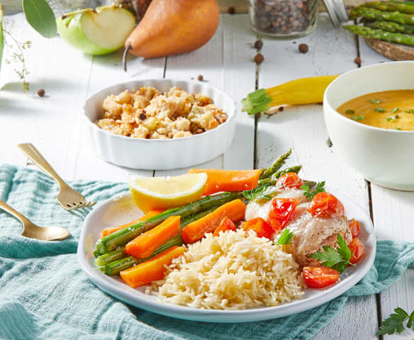 Summer Squash Soup, Fish with Rice and Vegetables, Apple-Pear Crumble
