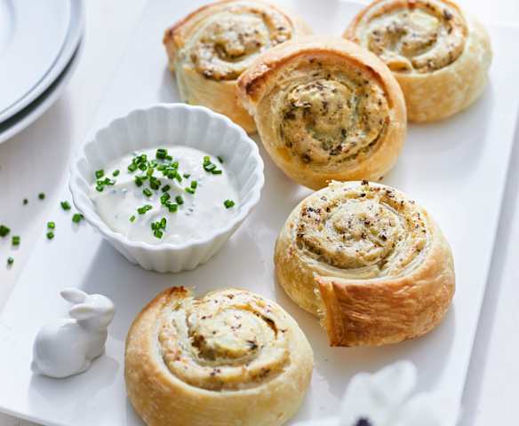 Potato and Taleggio Roly-polies with Chive Dip