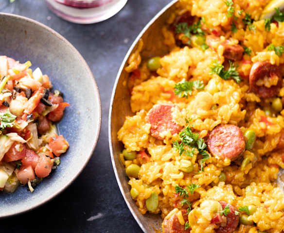 Menù: Paella; insalata pipirrana; mousse al cioccolato (Bimby Friend)