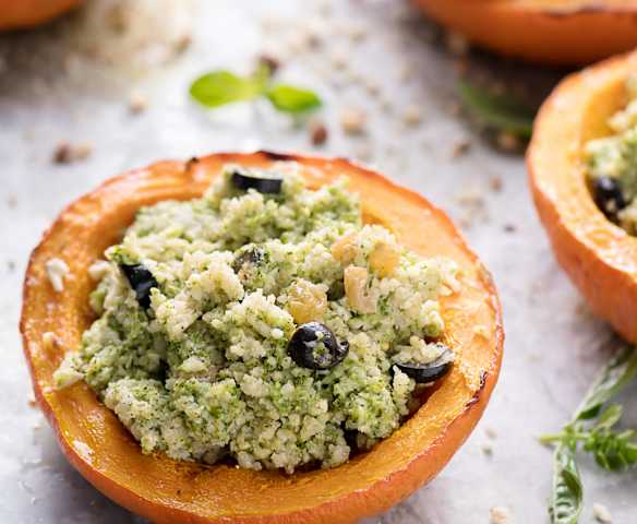 Millet-stuffed Pumpkin with Hazelnut Broccoli Pesto