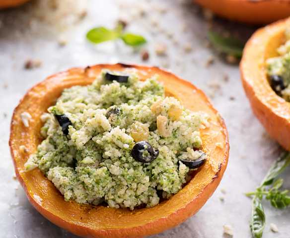 Zucca con miglio, pesto di nocciole e broccoli (senza glutine)