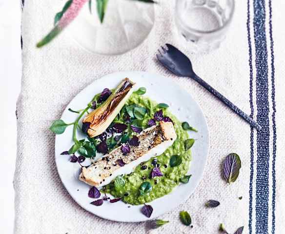 Lieu à la crème de petits pois