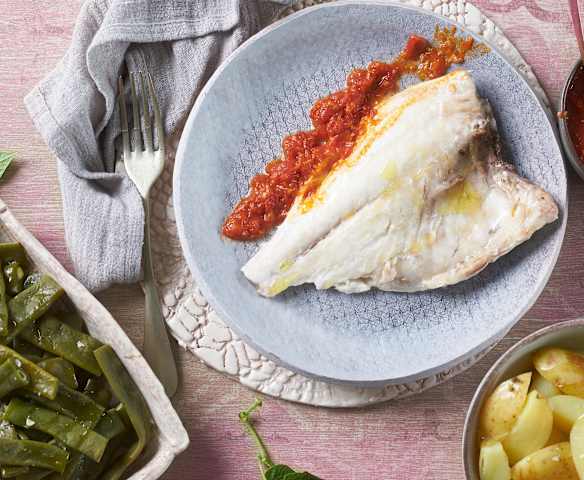 Menú: dorada con patatas, judías verdes y salsa de tomate (para dos) Menú: dorada con patatas, judías verdes y salsa de tomate (para dos)