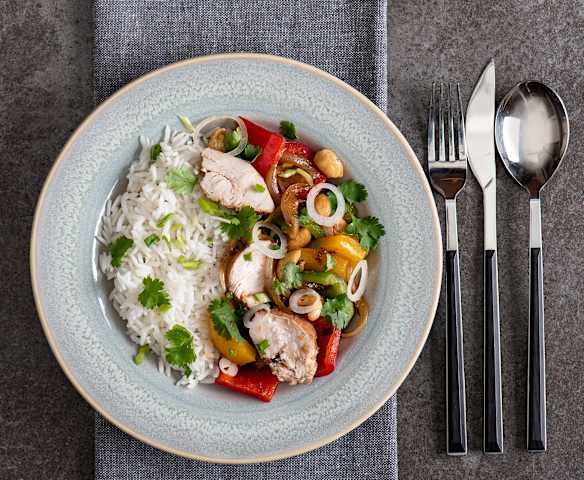 Kurczak w sosie ostrygowym (sous-vide, z osłoną noża miksującego) z ryżem jaśminowym
