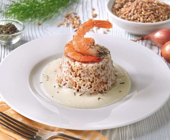 Tortino estivo di farro, topinambur e mazzancolle