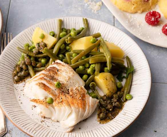 Menú: Bacalao con verduras. Clafoutis con frambuesas.