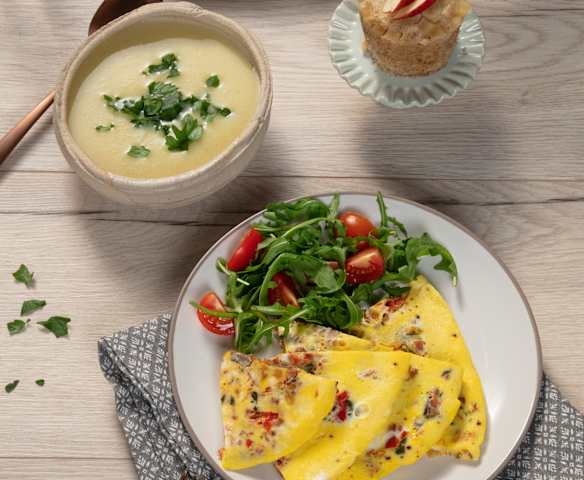 Menü: Sellerie-Apfel-Suppe, Omelett und Apfelmuffins