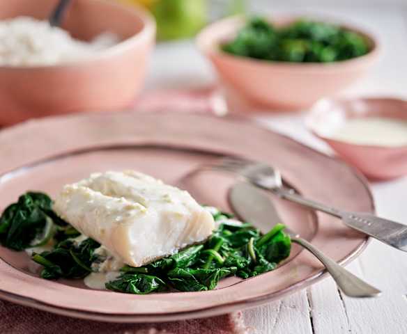 Steamed Cod, Rice and Spinach in Lemon Sauce