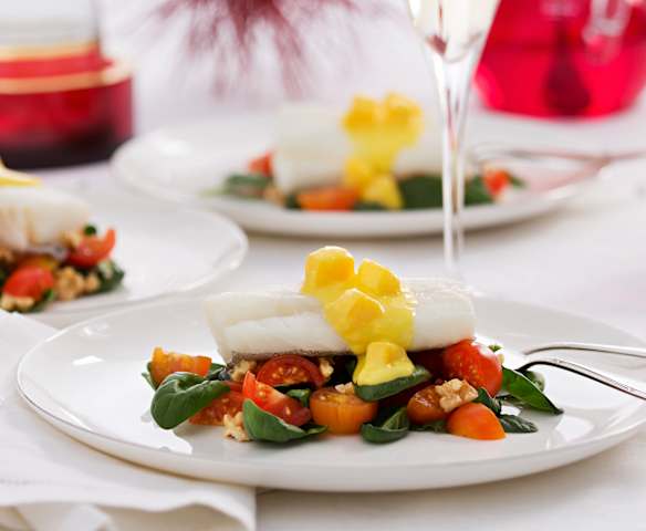 Bacalao al vacío con ensalada y vinagreta de mango Bacalao al vacío con ensalada y vinagreta de mango