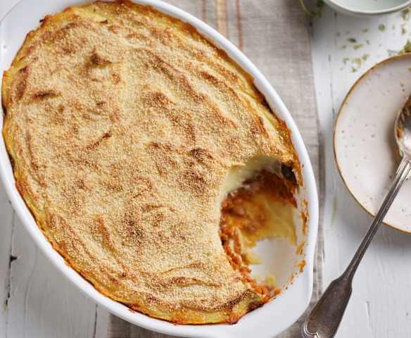 Parmentier vegetariano con boloñesa de lentejas y berenjena