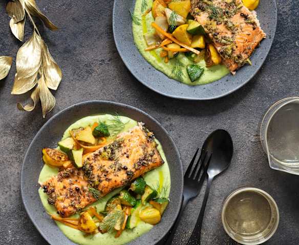Filets de truite au gin, crème de petits pois