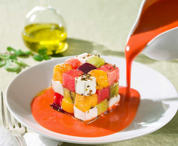 Salmorejo de sandía con cubo de Rubik