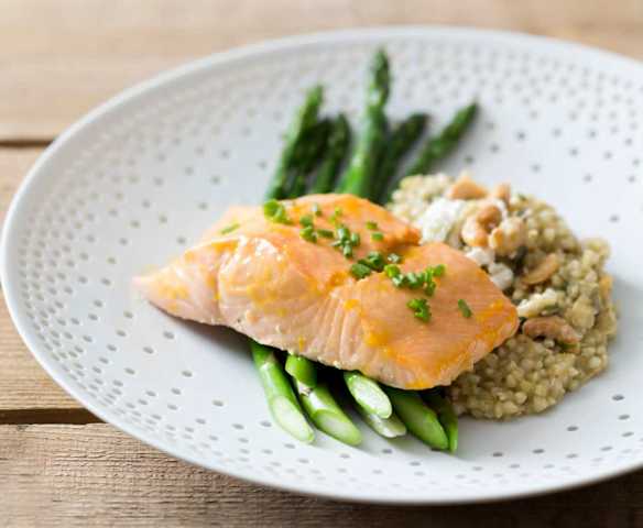 Salmon Fillets with Orange Glaze, Buckwheat Risotto and Steamed Asparagus