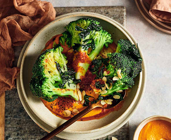 Whole roast broccoli with romesco sauce