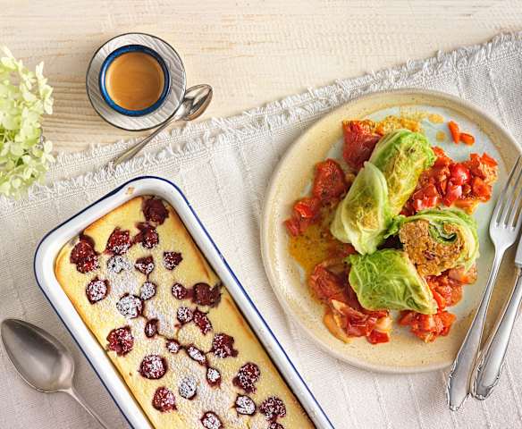 Menü: Wirsingrouladen mit Hendlfülle und Paprikagemüse; Topfenauflauf