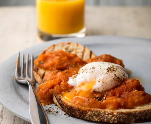 Smashed Plum Tomato Bruschetta with Poached Eggs