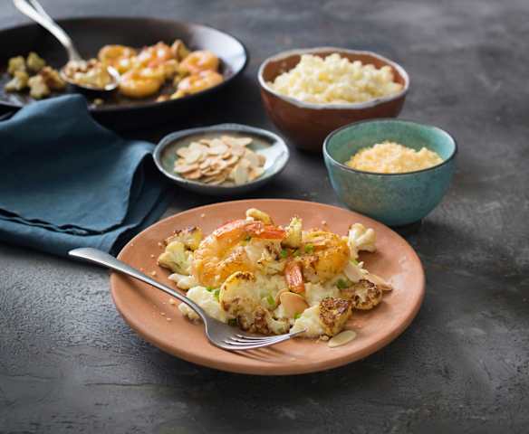 Cauliflower risotto with brown butter prawns