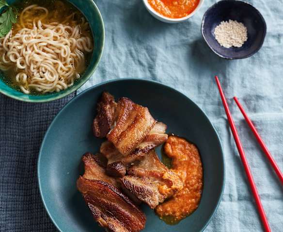 Slow-Cooked Pork Belly with Noodles and Chilli Sesame Sauce