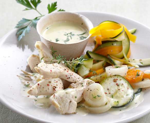 Creamy Vegetable Soup, Steamed Chicken with Vegetable Tagliatelle and Mustard Sauce, Milk Bread Loaves, Frozen Fruit Sorbet