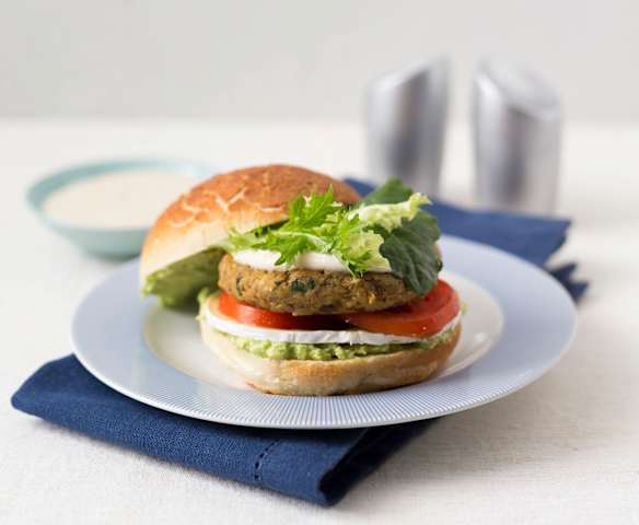 Lentil and chickpea burger with tahini dressing