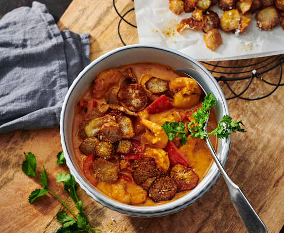 Curry di gamberetti con  topinambur