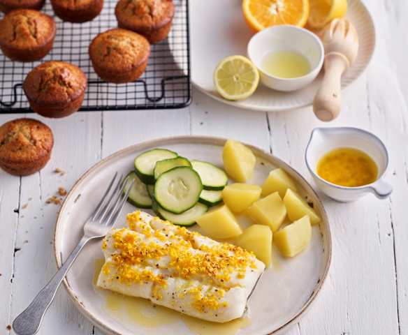 Filety z dorsza z masłem cytrusowym; Muffinki z czekoladą