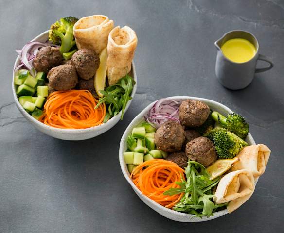 Eggplant and porcini bites with turmeric tahini dressing