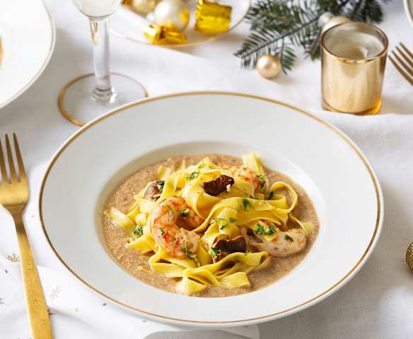 Pappardelle con langostinos y boletus salteados en salsa de foie