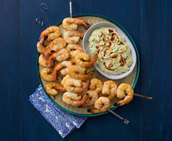Smoked prawn kebabs with avocado whip